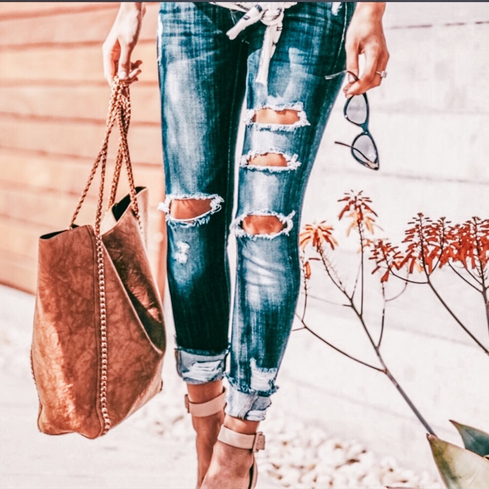 NEW! Distressed Medium Wash Denim, Frayed Ankle - Picture 1 of 8